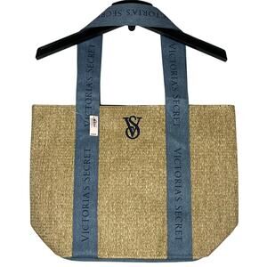 Victoria's Secret Straw Beach Bag Tote Logo Denim Handles Summer 2024